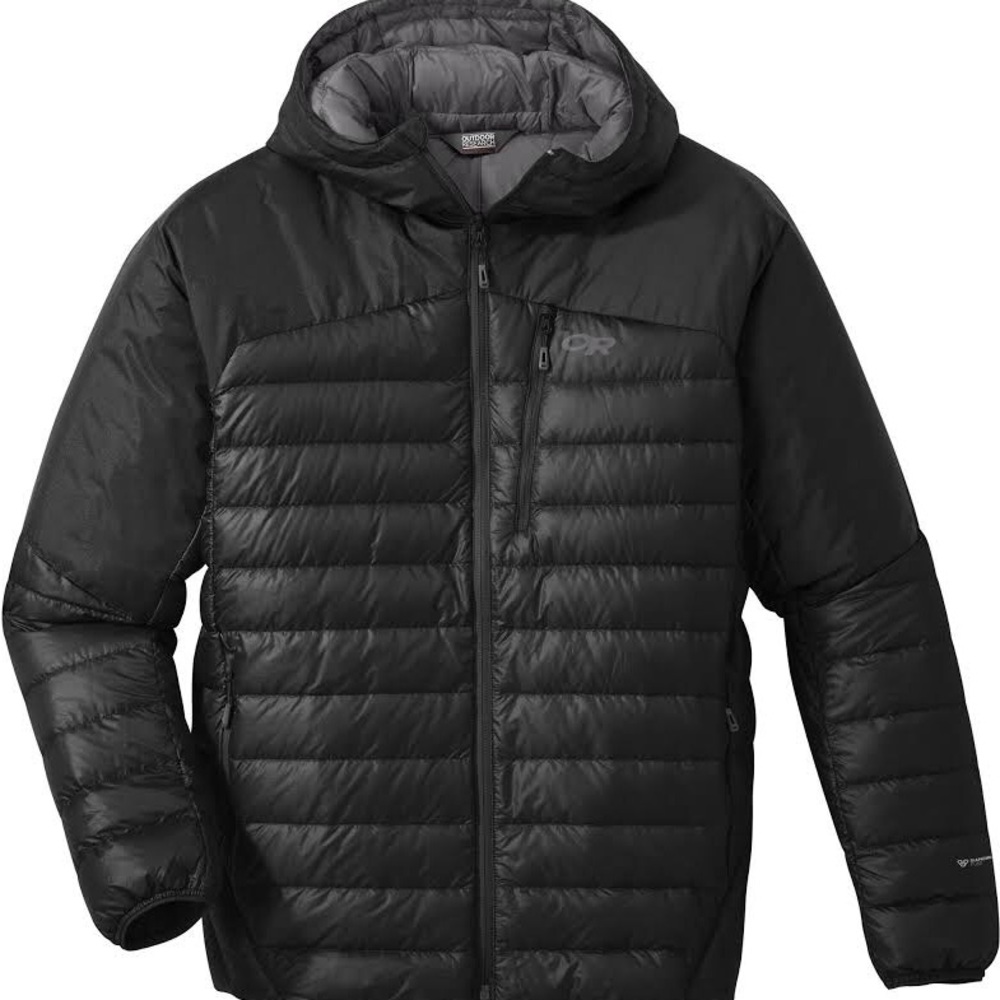 Outdoor research helium men down hooded jacket in size xxl